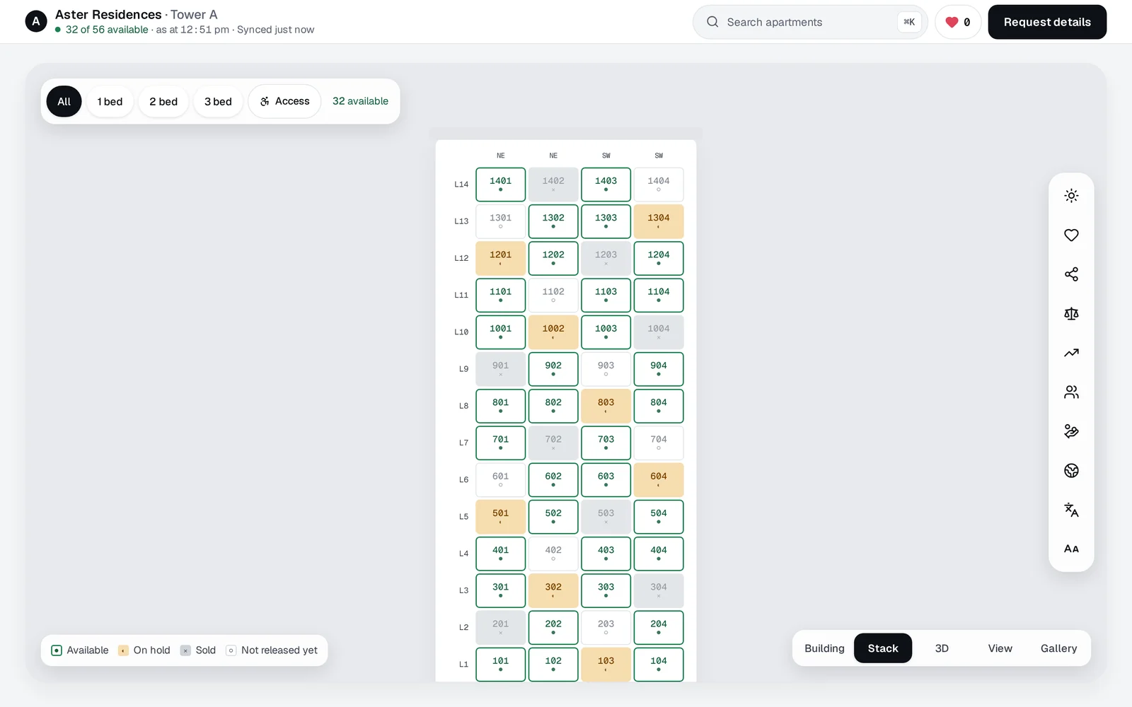 An apartment stack in OneAxis by level and position, coloured by status, with filters for bedrooms