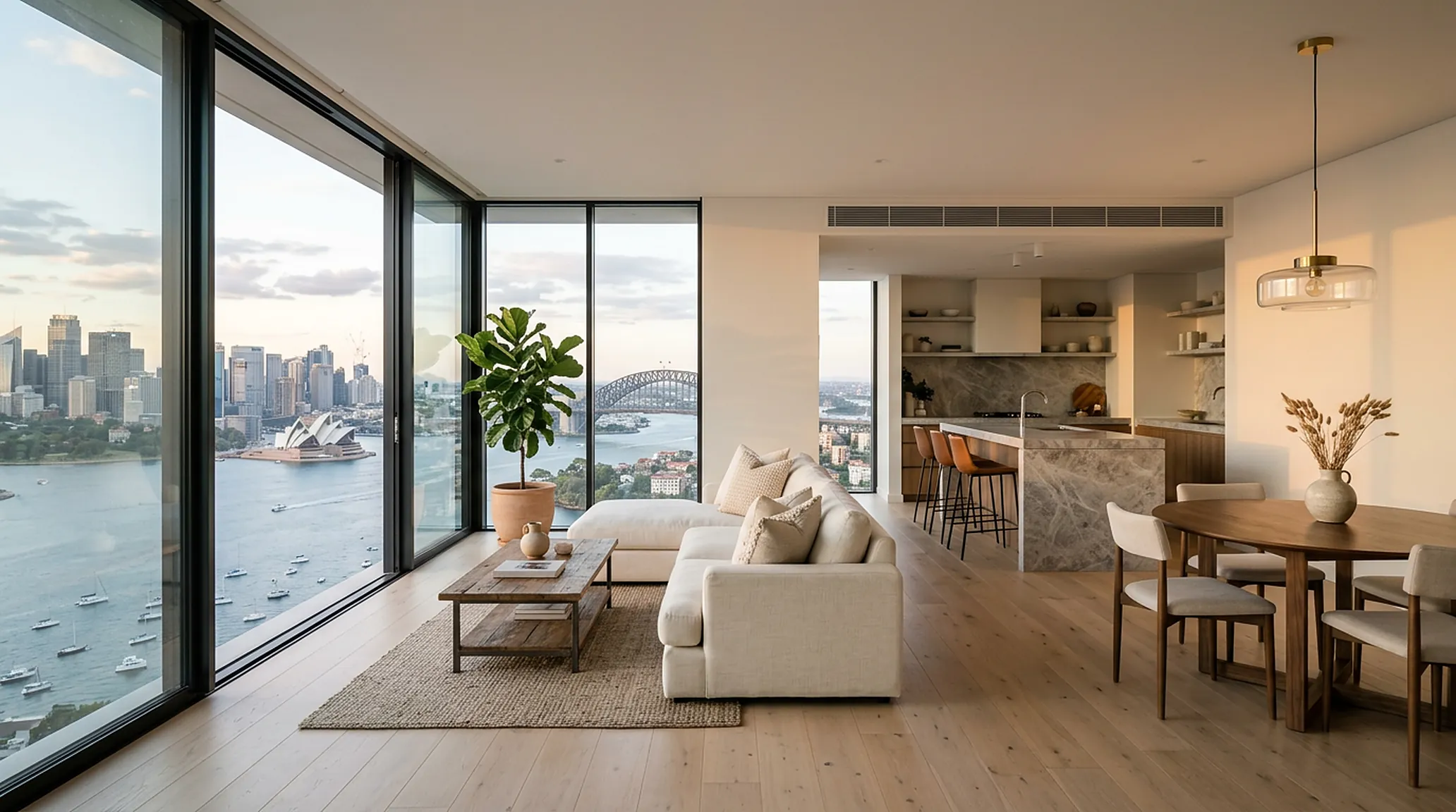An apartment living room with a harbour view